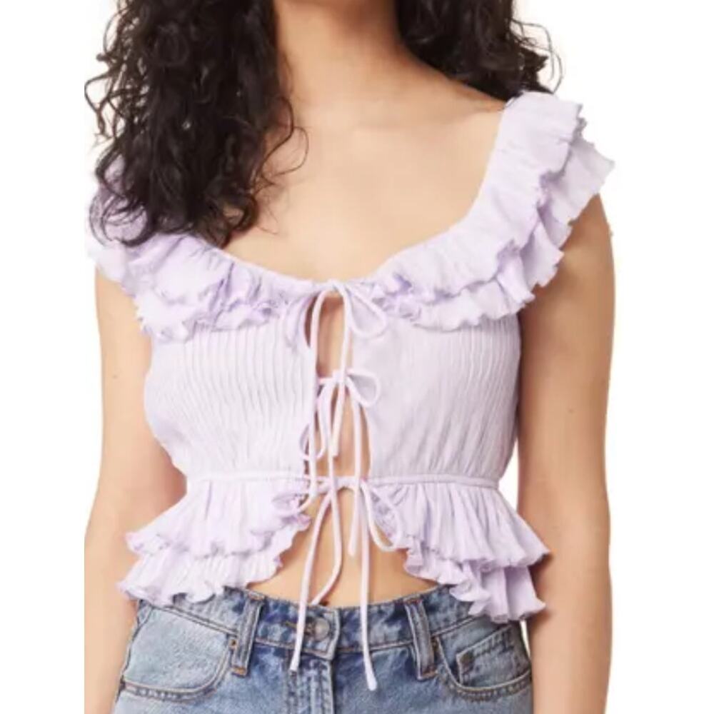 Astr The Label Women's Lavender Pintuck Tie Front Crop Top Ruffle L NWT